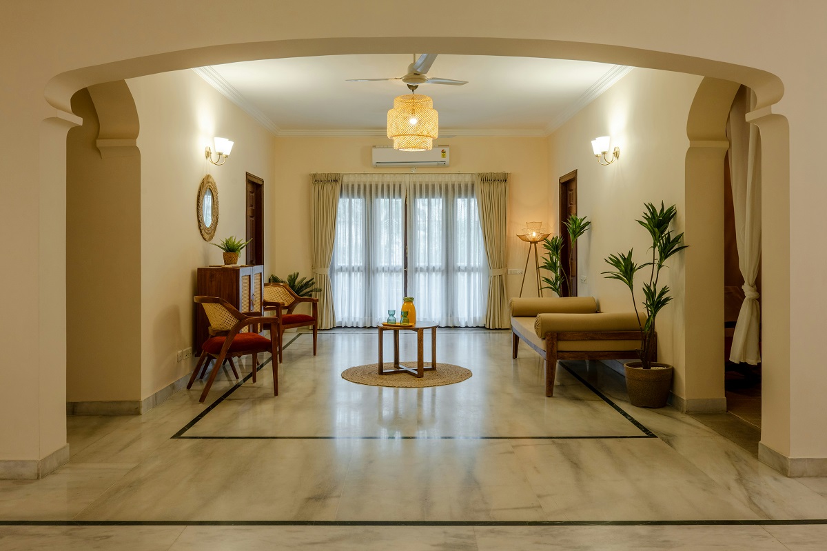 living room featuring marble flooring